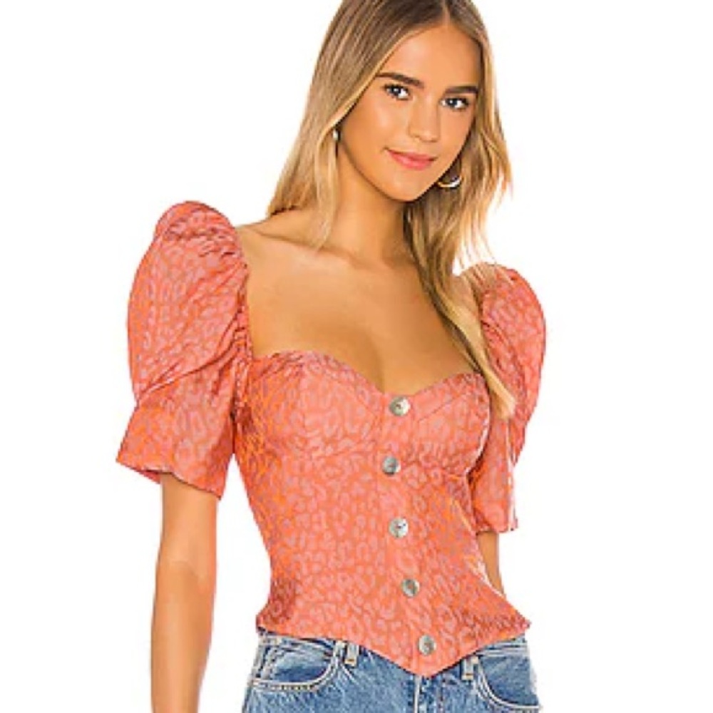 Revolve LPA Kacy Bustier Top Puff Sleeve Jacquard Sorbet Leo Pink M Festival